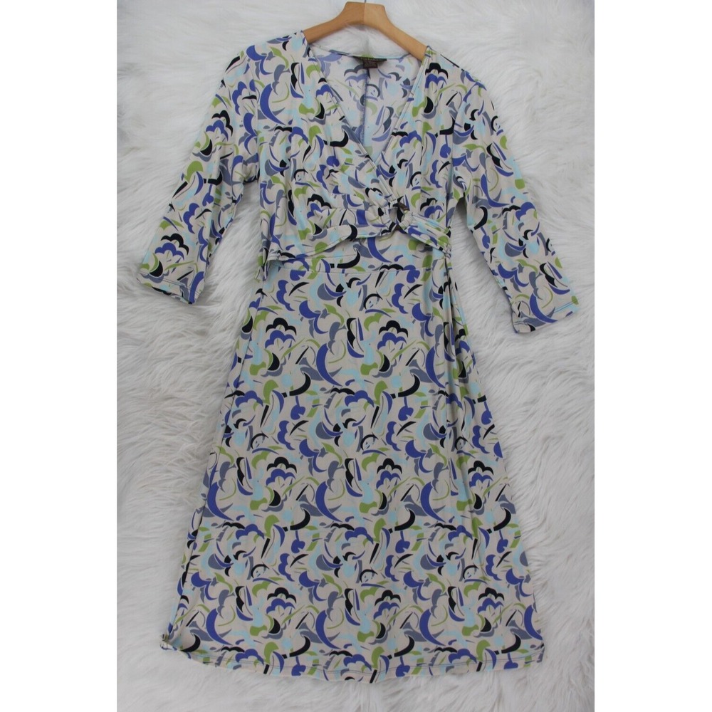 CHADWICKS ABSTRACT BLUE GREEN FAUX WRAP JERSEY DRESS WOOD CIRCLE DETAIL 8 #196